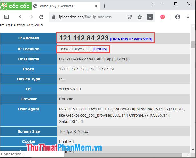 Bạn có thể thấy địa chỉ IP đã được thay đổi và đó là từ Tokyo, Nhật Bản