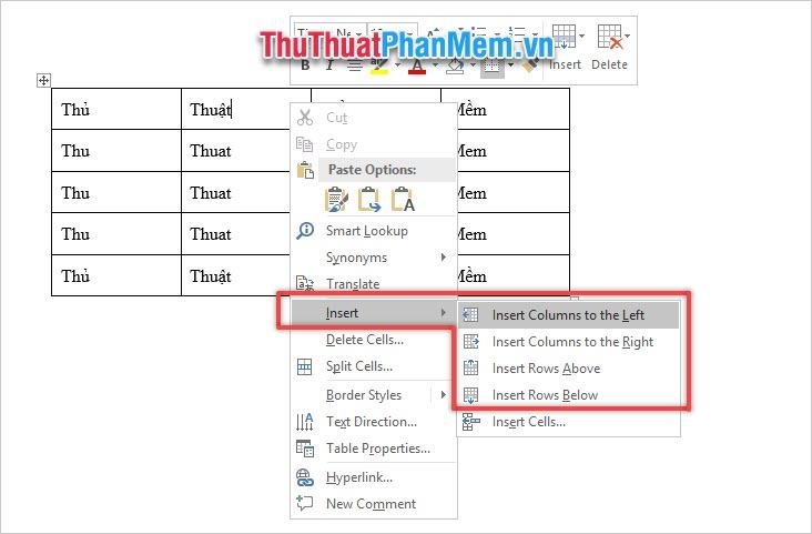 Chọn Insert rồi chọn 1 trong 4 tùy chọn