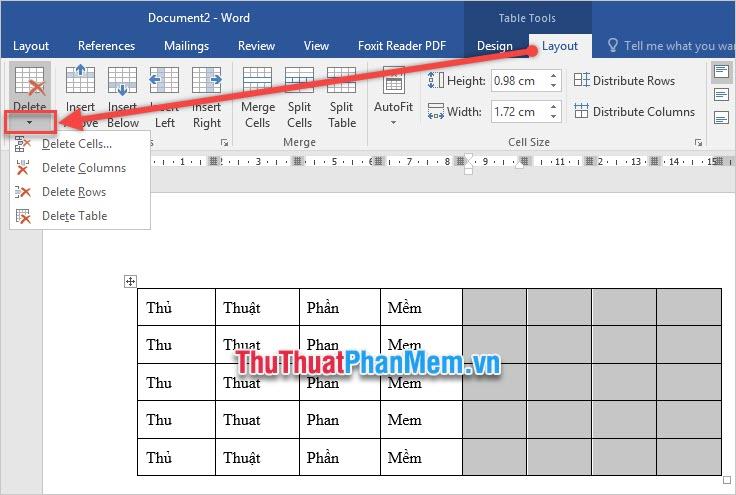 Cách xóa cột, hàng trong Word - Cách 2