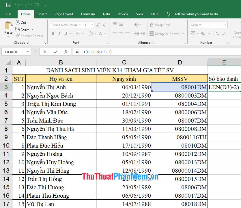 Lấy số ký tự cần lấy bằng tổng số ký tự của MSSV