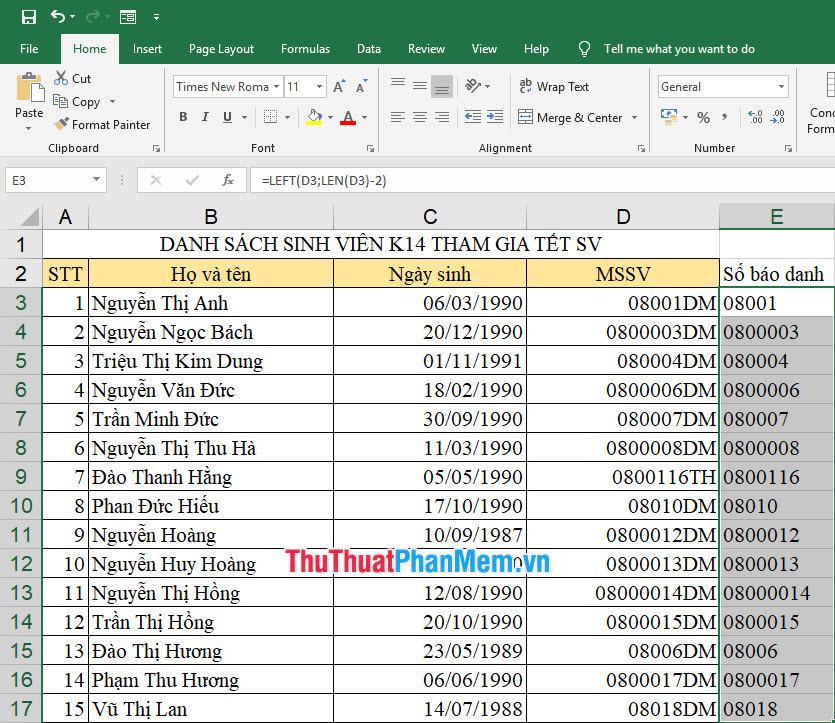 Sao chép công thức để lấy chuỗi LEFT bên dưới