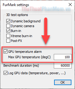Đánh dấu vào ô Cảnh báo nhiệt độ GPU và nhập ngưỡng nhiệt độ tối đa cho phép