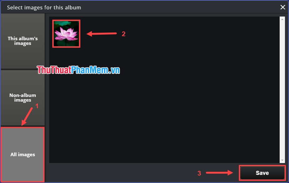 Nhấp vào Tất cả hình ảnh, chọn ảnh đã lưu trên Imgur mà bạn muốn thêm vào album rồi nhấp vào Lưu