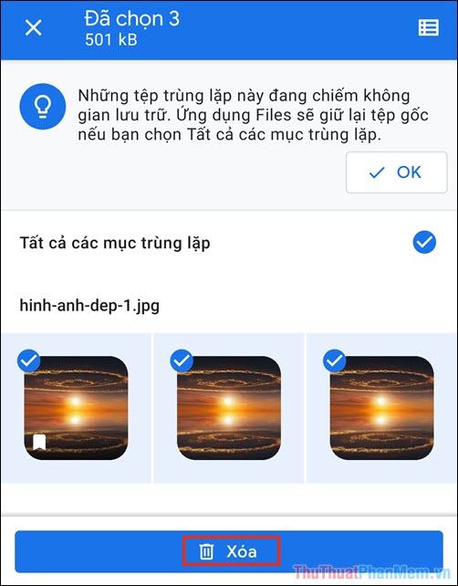 Tiến hành chọn ảnh trùng trên điện thoại và nhấn Delete là xong