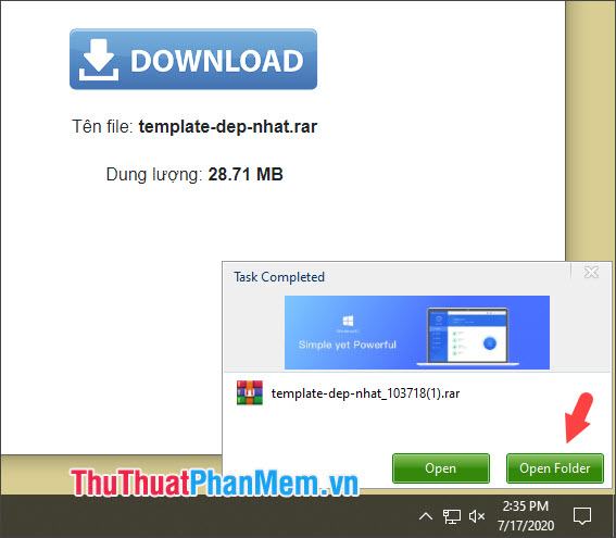 Nhấn Open Folder để mở thư mục chứa file tải về