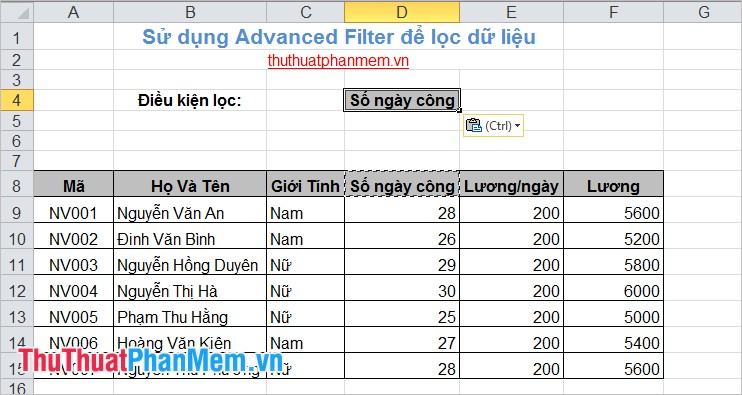 Sử dụng Advanced Filter để lọc dữ liệu 3