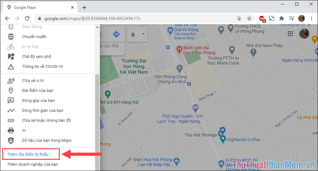 Chọn Thêm địa điểm bị thiếu để bắt đầu thêm địa điểm vào Google Maps