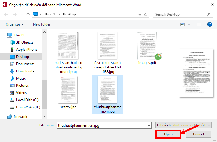 Chọn file scan cần chuyển sang Word và nhấn Open