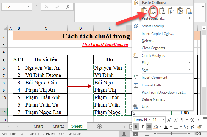 Copy toàn bộ cột họ dán vào cột tên đệm