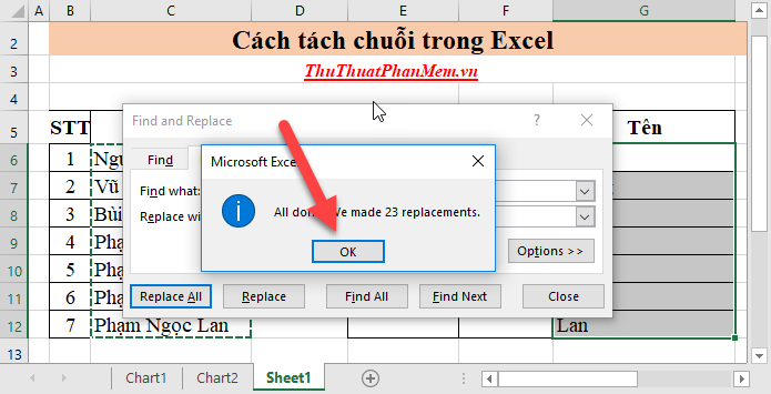 Hộp thoại thông báo thay thế xuất hiện, bấm OK