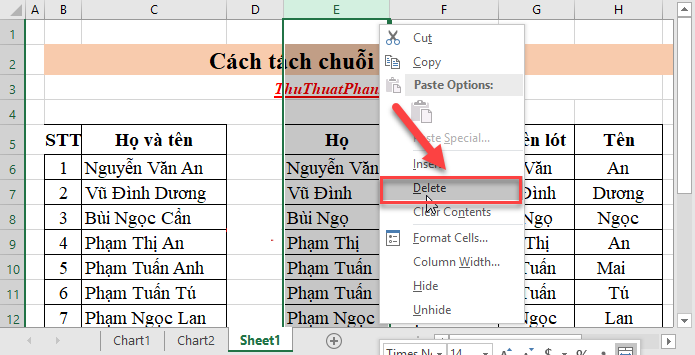 Thực hiện sao chép và dán giá trị cột họ theo giá trị