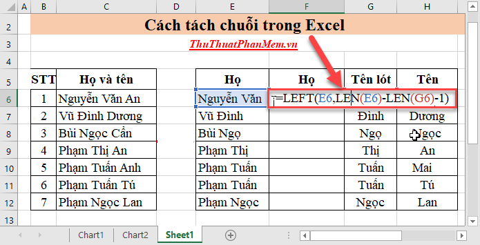 Tại ô cần lấy giá trị, bạn nhập công thức =LEFT(E6,LEN(E6)-LEN(G6)-1)