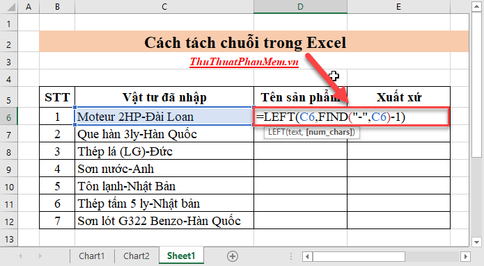 Trong ô để lấy tên sản phẩm, hãy nhập công thức =LEFT(C6,FIND(“-“,C6)-1)