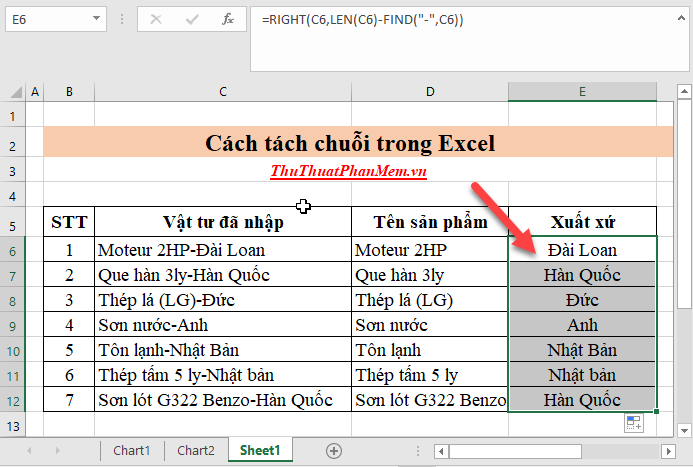 Sao chép công thức cho các giá trị còn lại