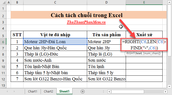 Trong ô cần lấy gốc tọa độ, hãy nhập công thức =RIGHT(C6,LEN(C6)-FIND(“-“,C6))