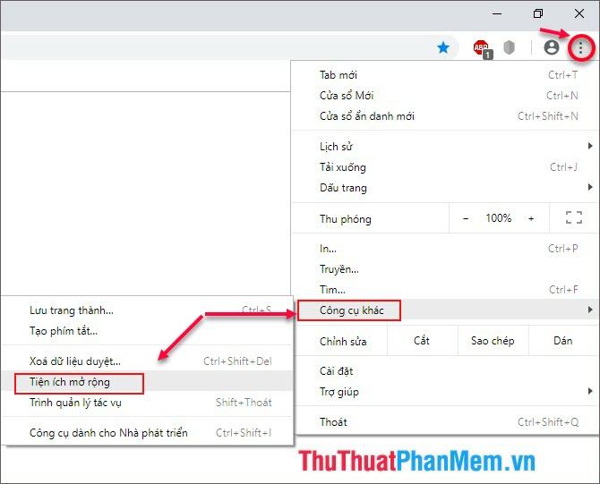 Nhấn vào dấu 3 chấm góc phải màn hình - chọn More Tools - Extensions