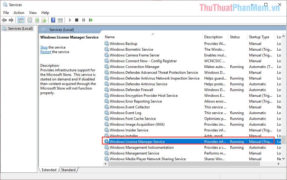 Tìm tab Windows License Manager Service và nhấp đúp để mở nó