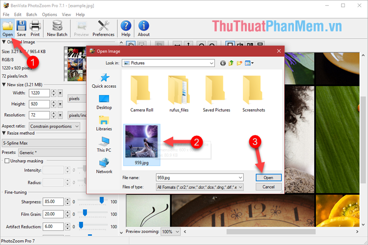 Nhấn nút Open để chọn ảnh cần tăng độ phân giải