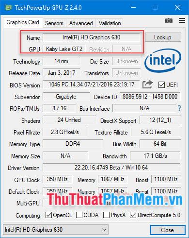 Màn hình là Intel(R) HD Graphic 630 tức là card onboard