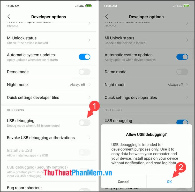 Bật công tắc gỡ lỗi USB sang BẬT và chọn OK