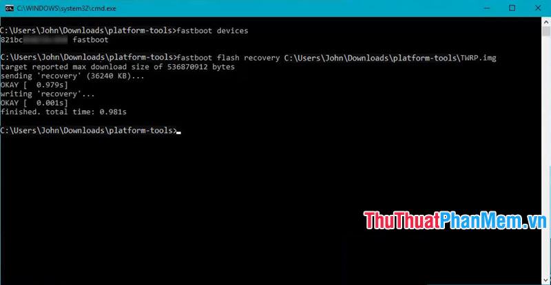 Nhập lệnh fastboot flash recovery đường dẫn file TWRP.img