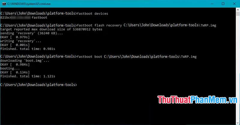 Nhập lệnh fastboot boot đường dẫn file TWRP.img