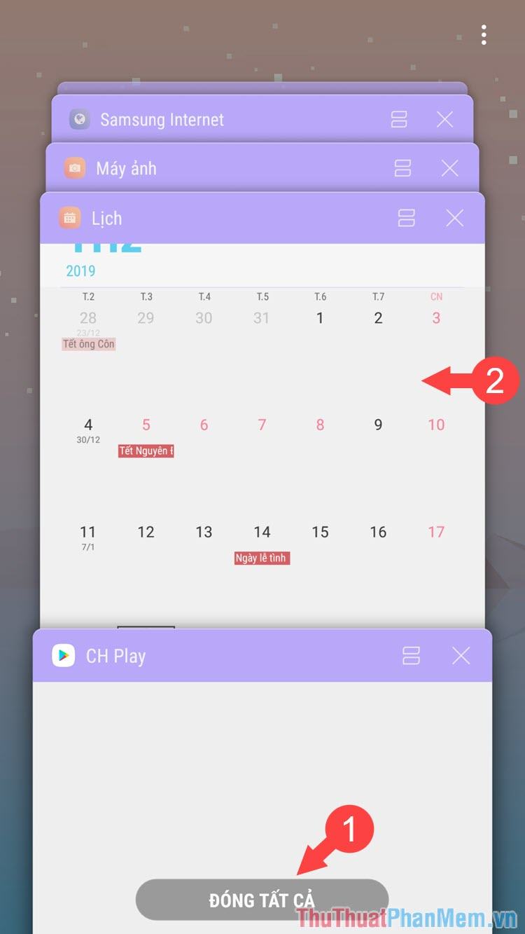 Nhấn vào Đóng tất cả hoặc vuốt từ phải sang trái cho từng ứng dụng bạn muốn đóng
