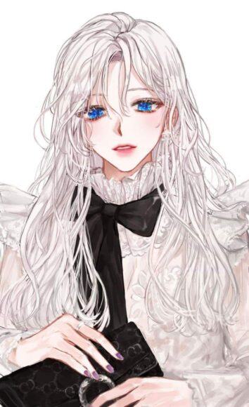 Cô gái anime với mái tóc xoăn trắng