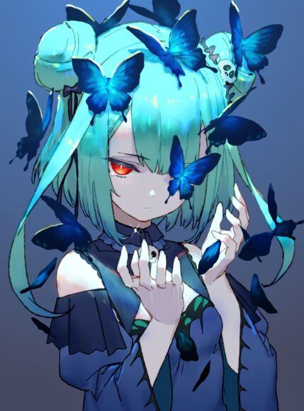 Cô gái anime với mái tóc xanh và con bướm