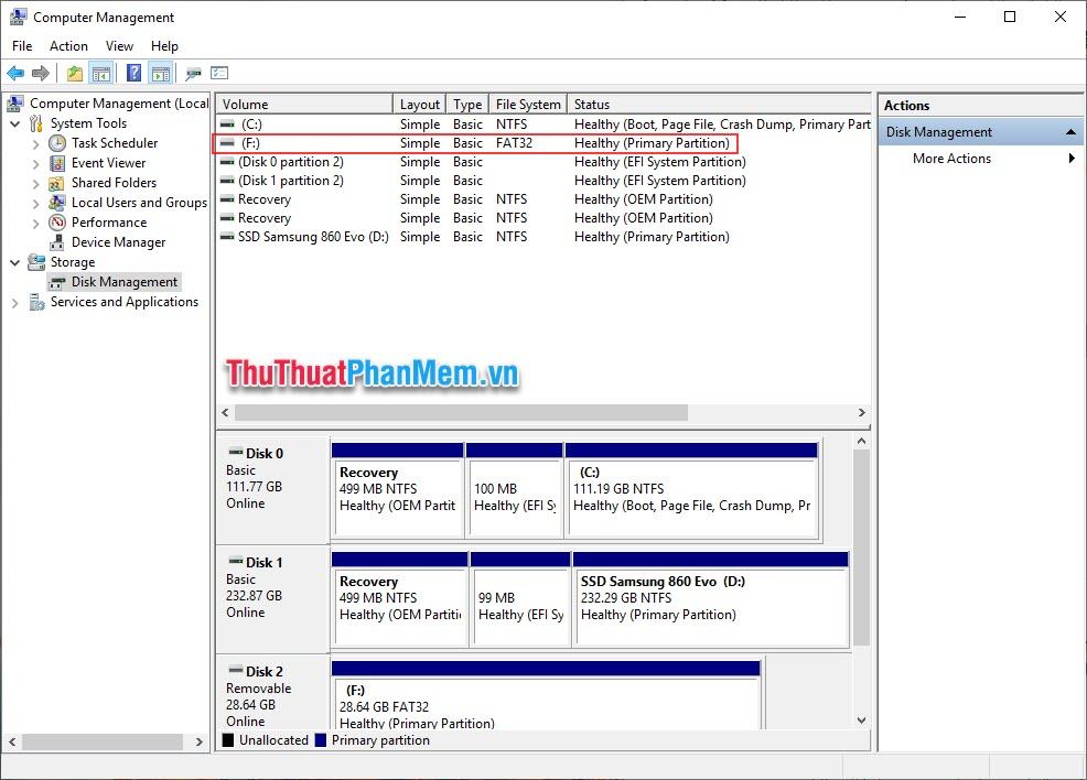 Chọn Disk Management, sau đó tìm ổ USB cần format