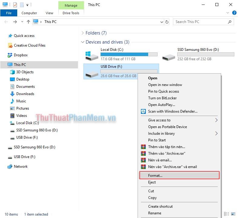 Click chuột phải vào USB chọn Format...