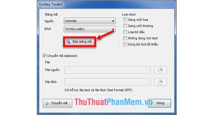 Bảng mã nguồn là Unicode và đích là TCVN3 (ABC), bấm nghịch đảo bảng mã 