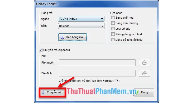 Mã nguồn là TCVN3 (ABC) và mã đích là Unicode, nhấn Chuyển mã