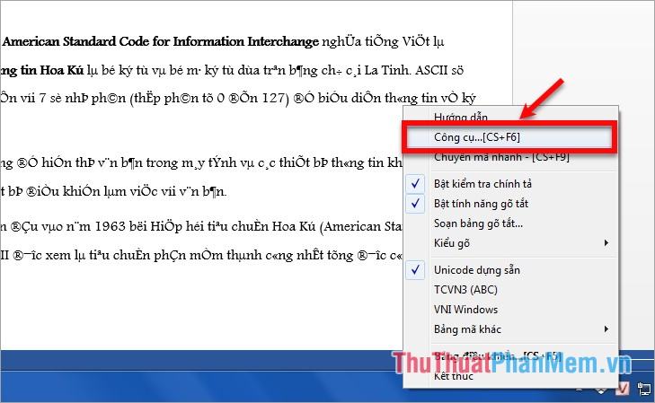 Chuột phải vào biểu tượng Unikey trên khay hệ thống chọn Công cụ…[CS+F6]