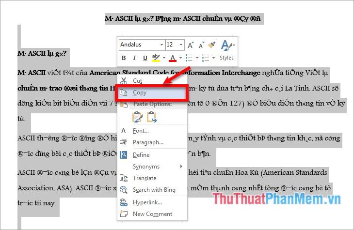 Bôi đen toàn bộ văn bản bị lỗi font, click chuột phải chọn Copy