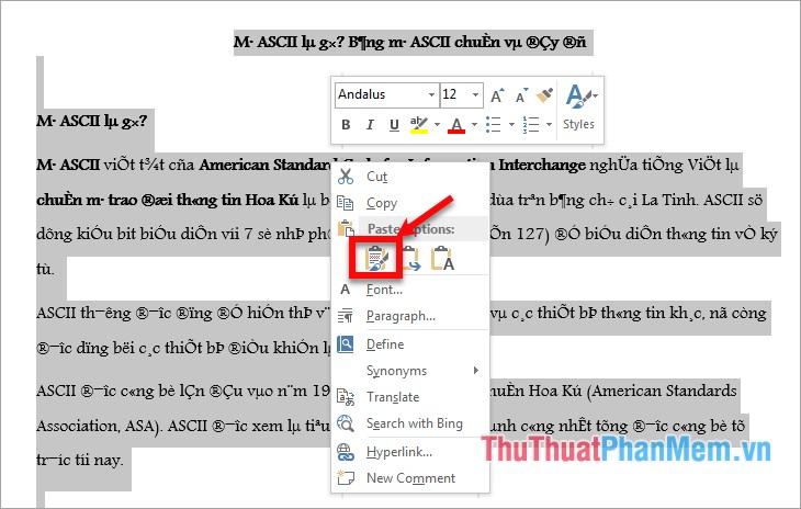 Mở lại file Word bị lỗi click chuột phải chọn Paste