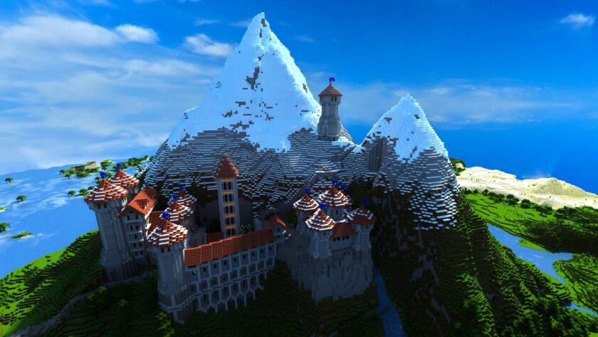 Hình ảnh Castle Minecraft 3D trên núi tuyết