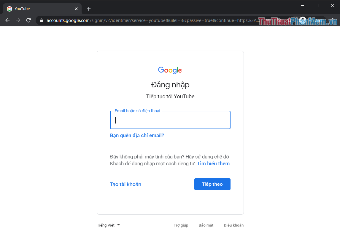 Tiến hành đăng nhập Youtube bằng tài khoản Google