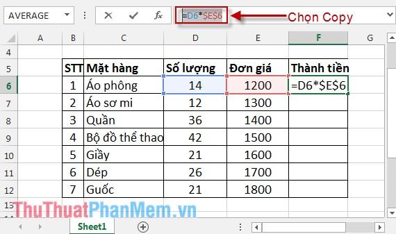 Sao chép cho 1 ô dữ liệu