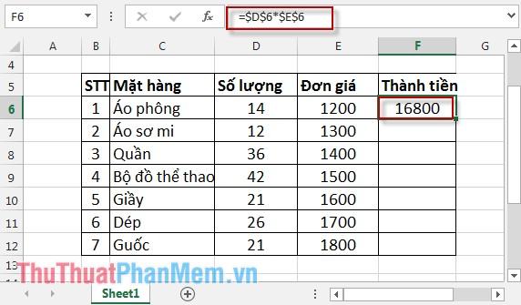 Sao chép công thức chứa tham chiếu tuyệt đối