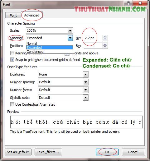 Chinh khoang cach giua cac chu, gian chu trong word