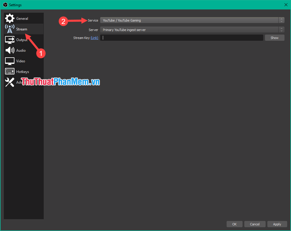 Ô Stream Key sẽ nằm trong phần Stream Name/Key trong cửa sổ Youtube