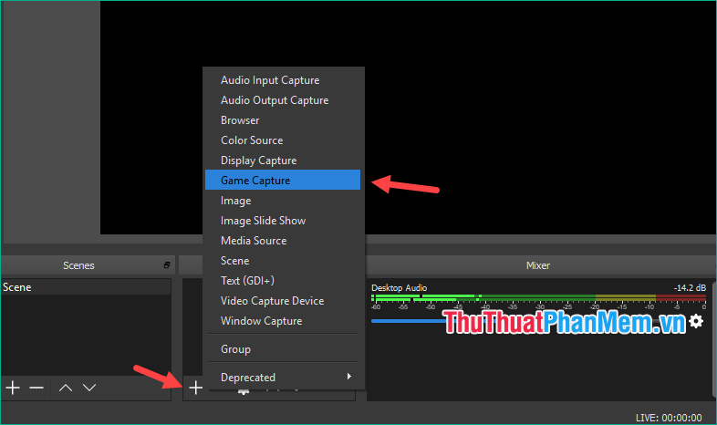 Nhấn vào dấu cộng ở phần Source rồi chọn Game Capture