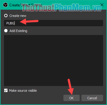 Đặt tên cho nguồn và nhấn OK