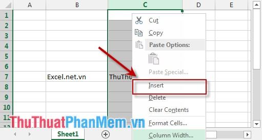 Chọn cột C - nhấp chuột phải và chọn Chèn