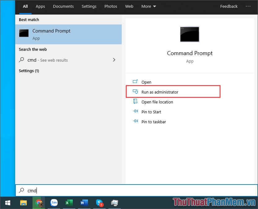 Nhập cmd trong Menu Bắt đầu và chọn Chạy với tư cách quản trị viên