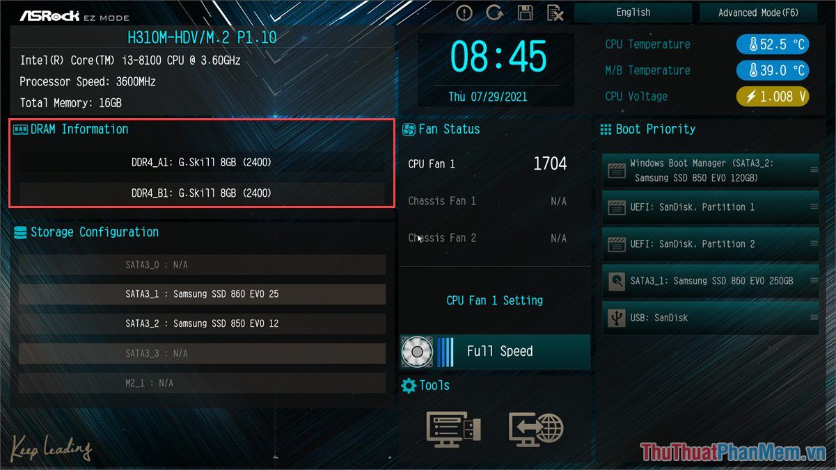Thông thường tốc độ RAM sẽ hiển thị trên giao diện màn hình chính với mục Thông tin DRAM