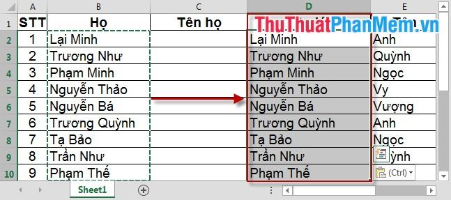 Copy toàn bộ dữ liệu từ cột Họ sang cột Tên đệm