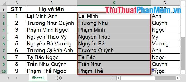 Kết quả lấy giá trị Họ