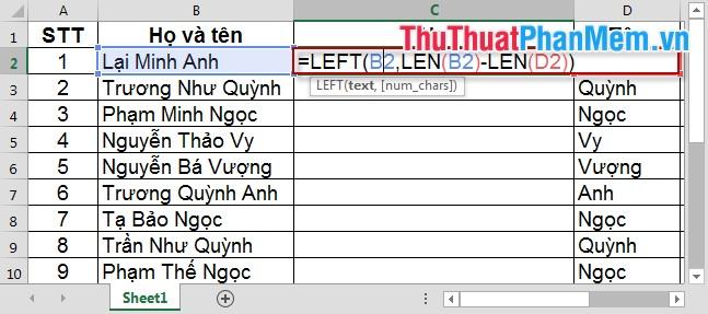 Lấy giá trị của tên và tên đệm